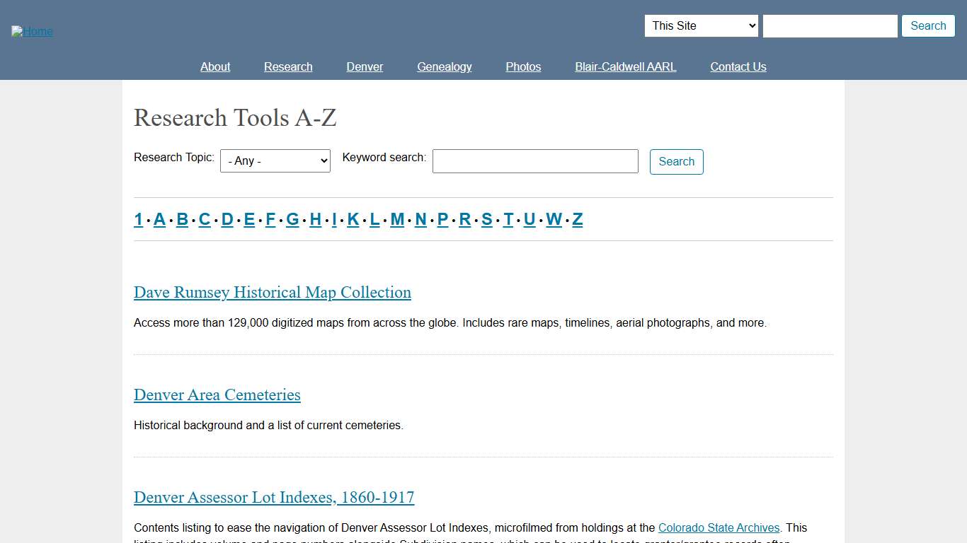 Research Tools A-Z | Denver Public Library Special Collections and Archives